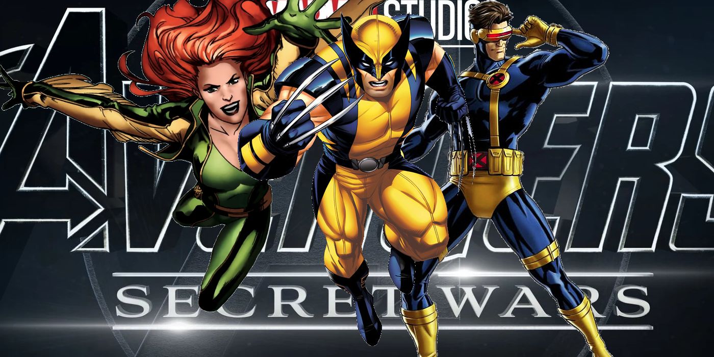 Avengers Secret Wars logo with comic book Jean Grey, Wolverine, and Cyclops