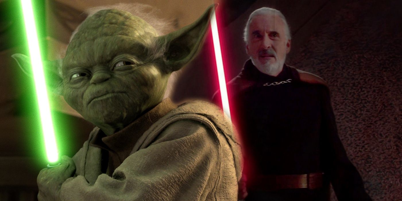 Yoda stands at the ready with his green lightsaber; Count Dooku taunts Yoda with red lightsaber ignited
