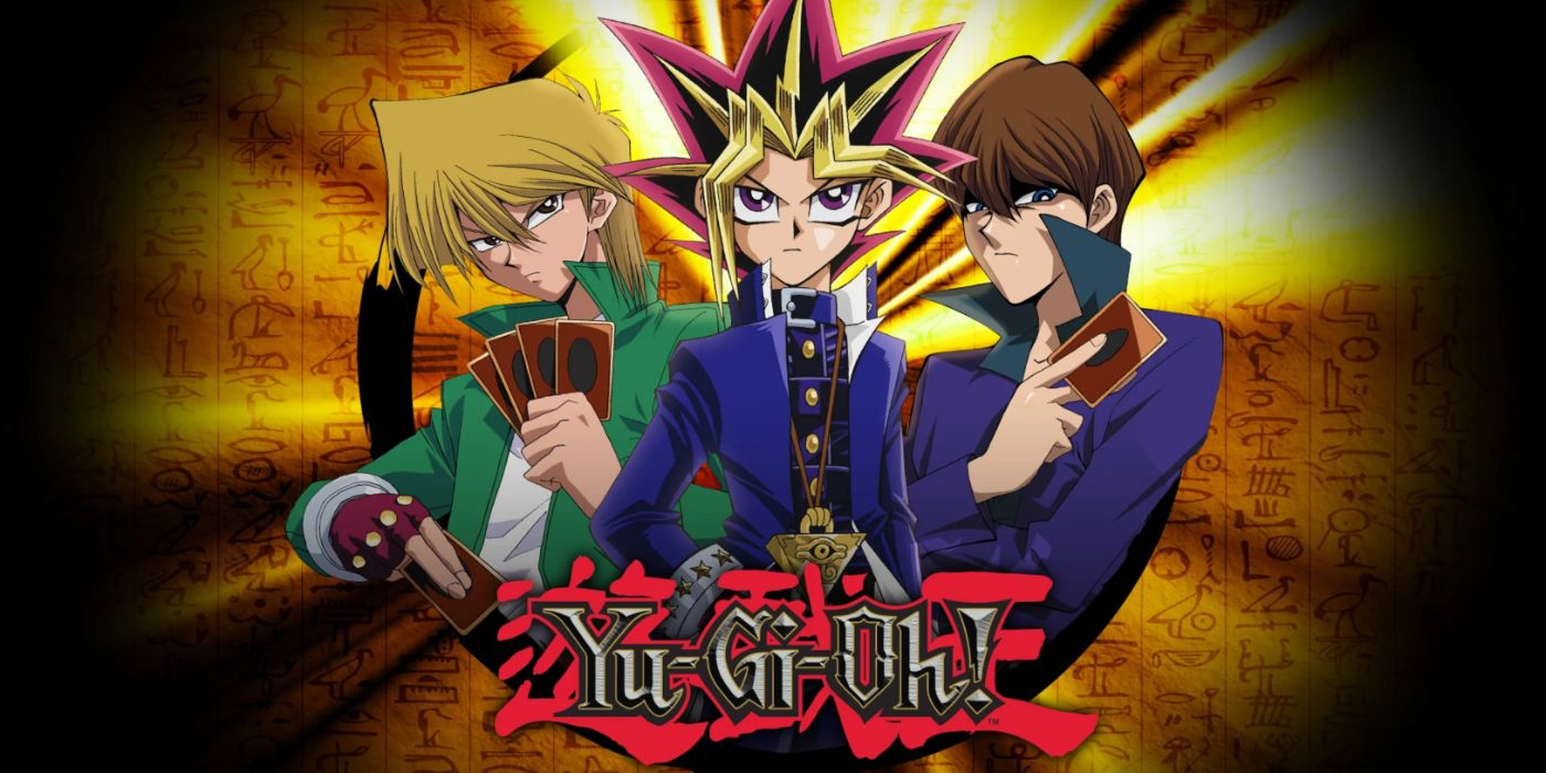 Arte chave do anime Yu-Gi-Oh com Joey, Yugi e Kaiba.  com seus cartões.