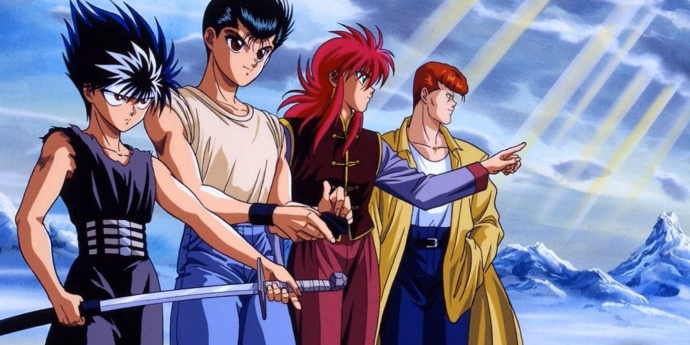 The main cast of Yu Yu Hakusho standing together in the anime.