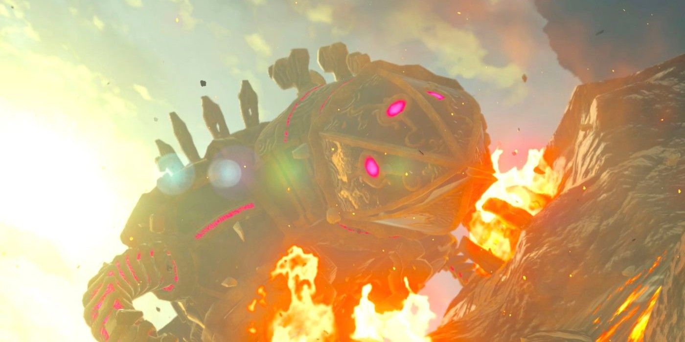 Breath of the Wild's Vah Rudania Divine Beast as it clings to the lava-strewn slopes of Death Mountain.