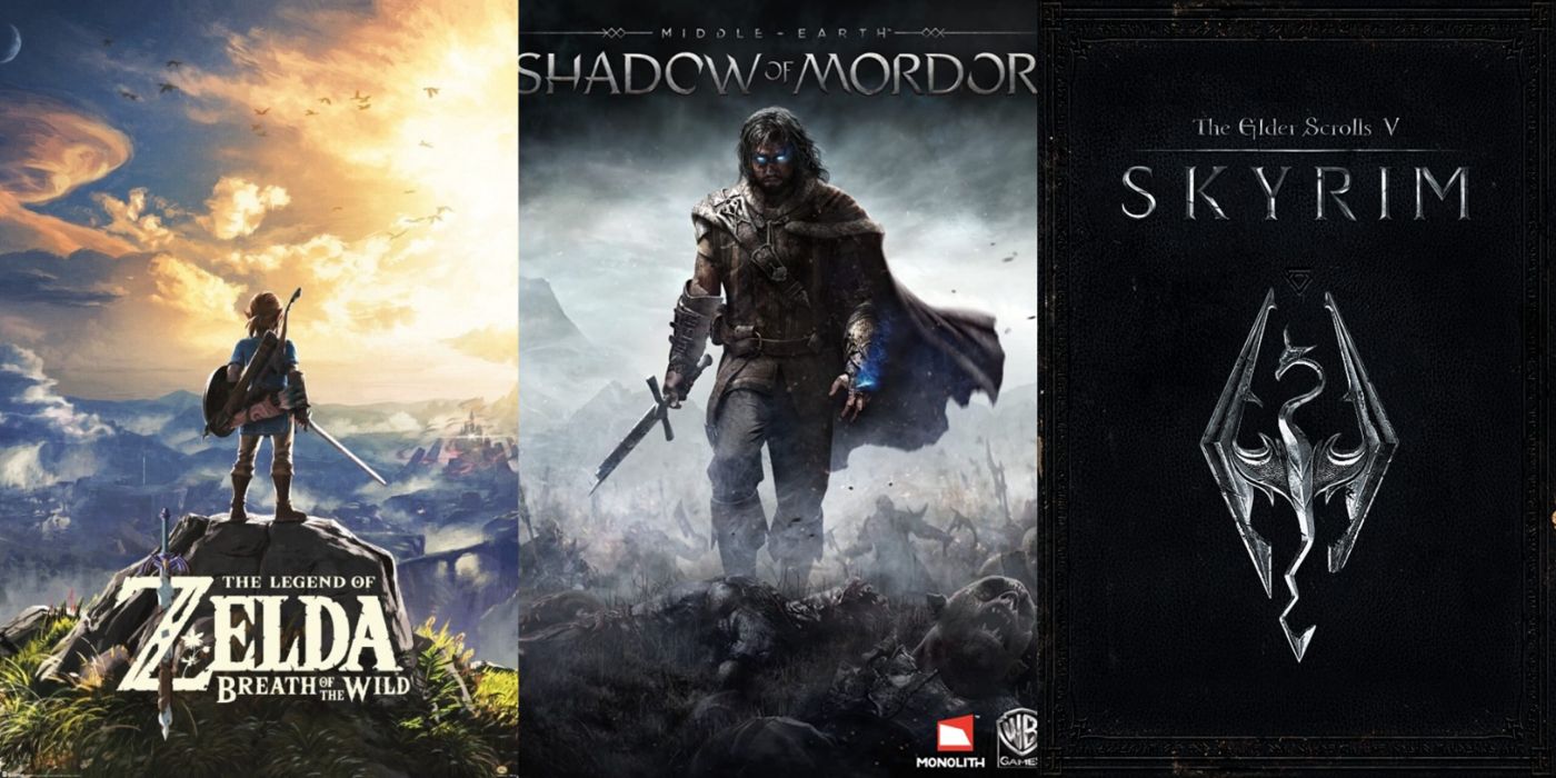 Split image of Breath of the Wild, Shadow of Mordor, and Skyrim promo art.