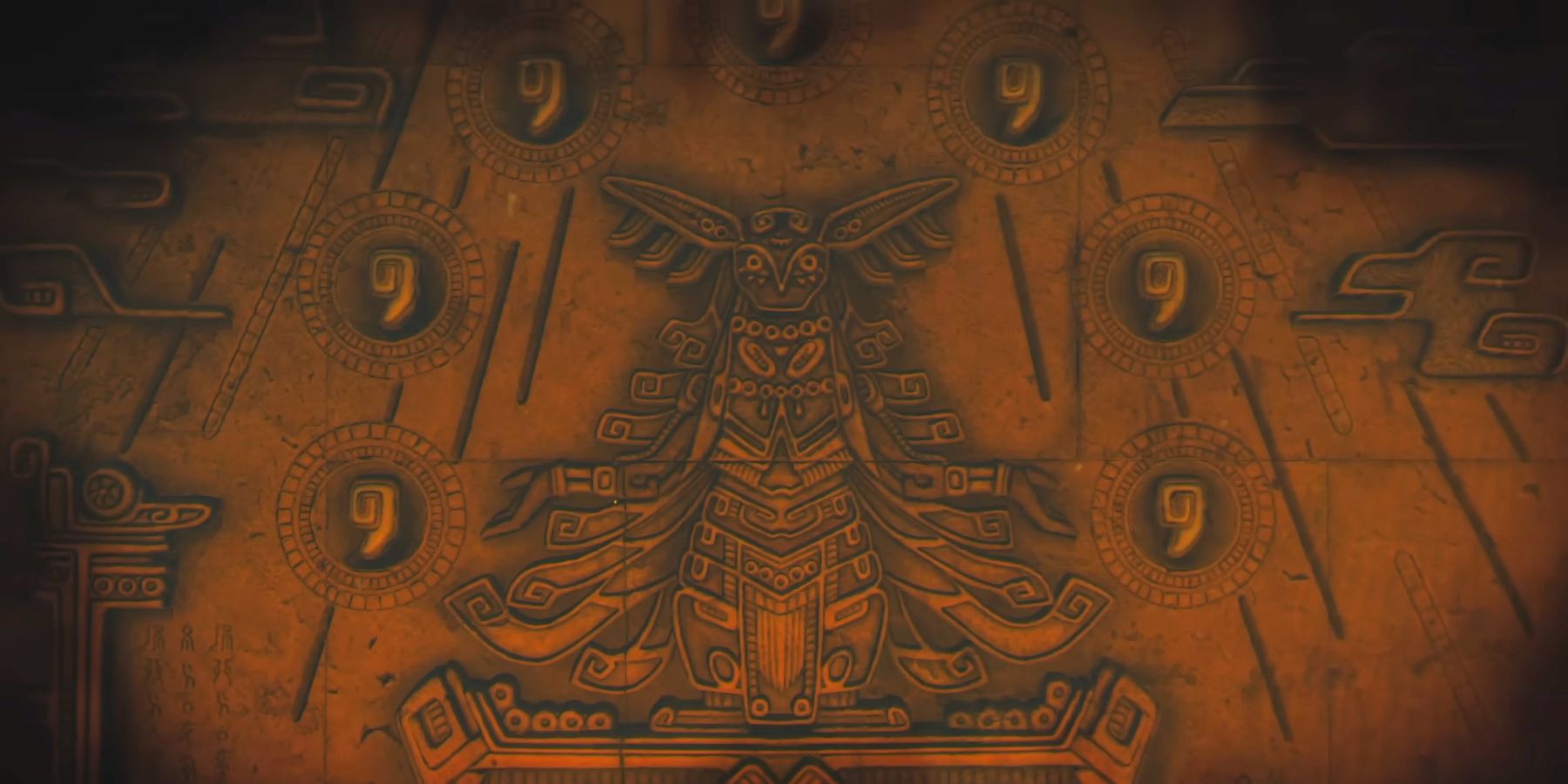 An image of a stone relief in TOTK's trailer, depicting seven tear drops surrounding a figure.