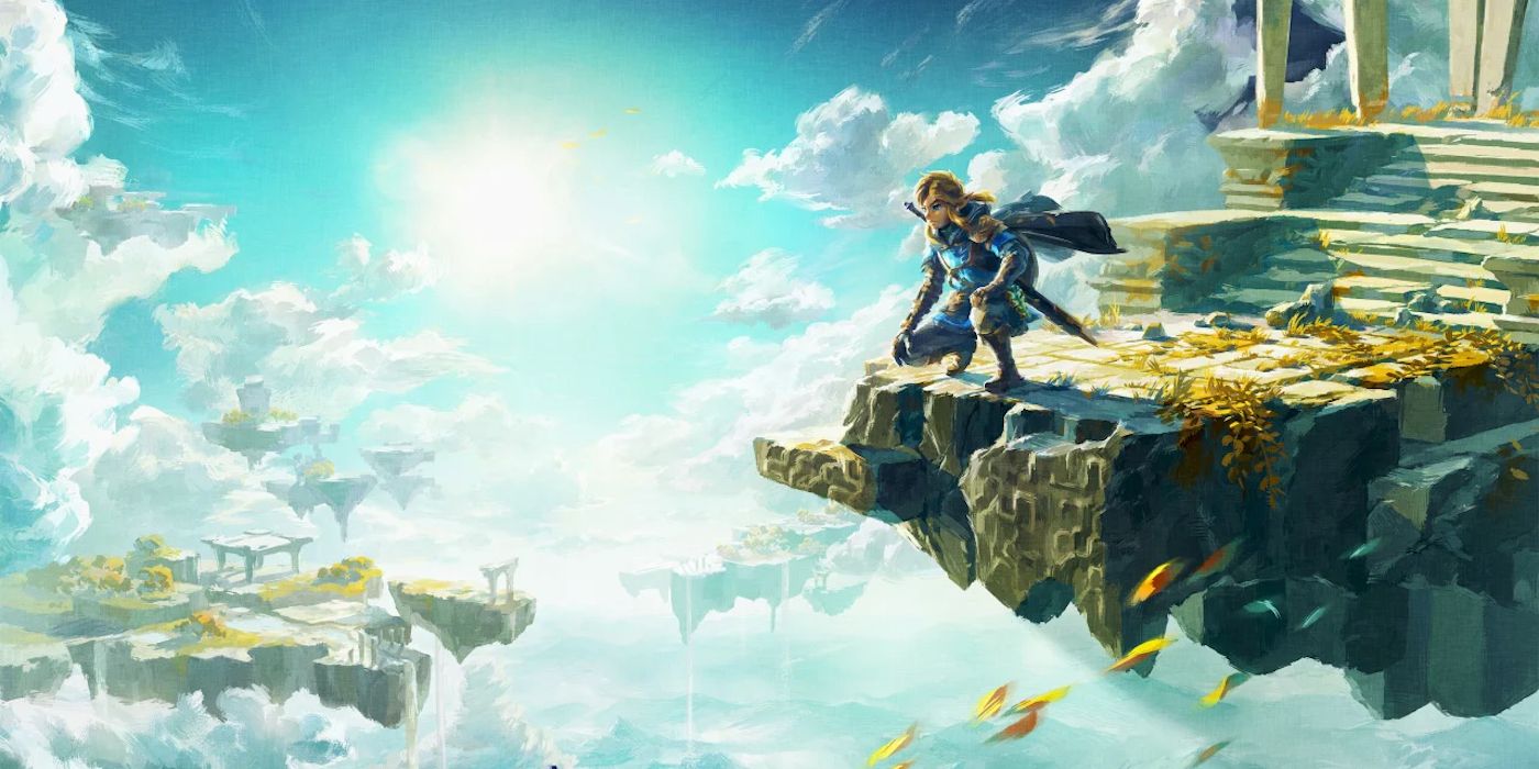 Arte promocional para The Legend of Zelda: Tears of the Kingdom, com Link olhando para baixo sobre a borda de uma ilha flutuante.