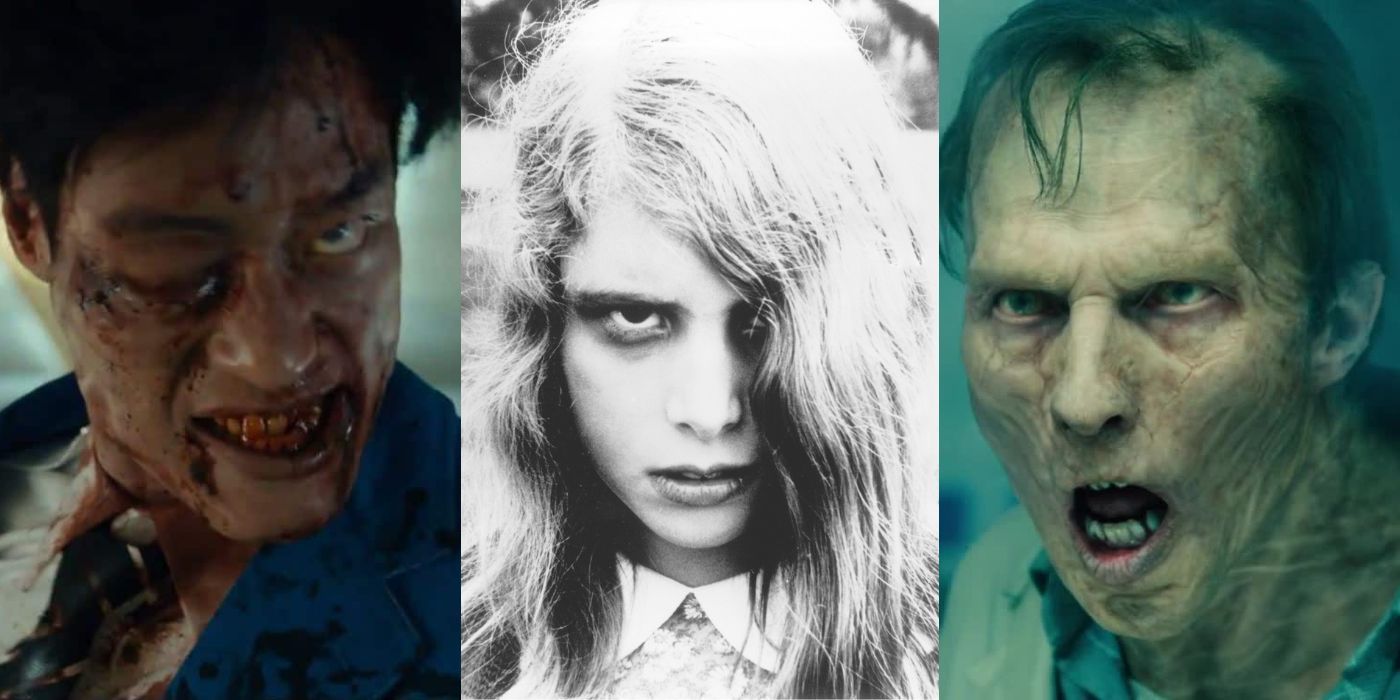 Three vertical images of zombie from popular zombie films: train to busan, night of the living dead and world war z