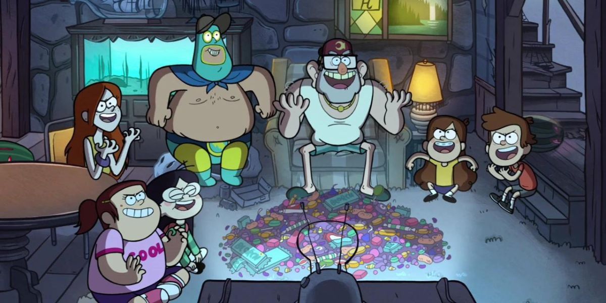 Dipper, Mabel e amigos cercados de doces na cabine