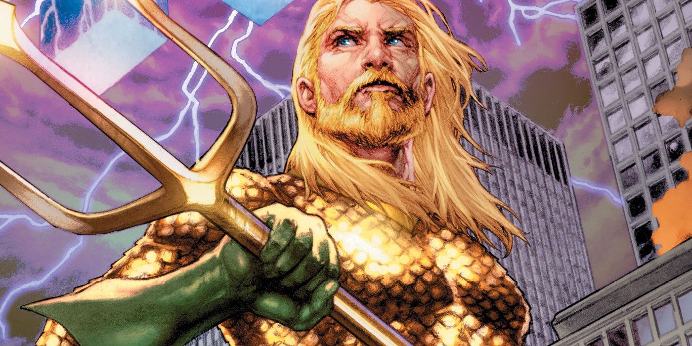Featured Image: Aquaman in golden armor, holding his trident, against a backdrop of a city amidst a lightning storm