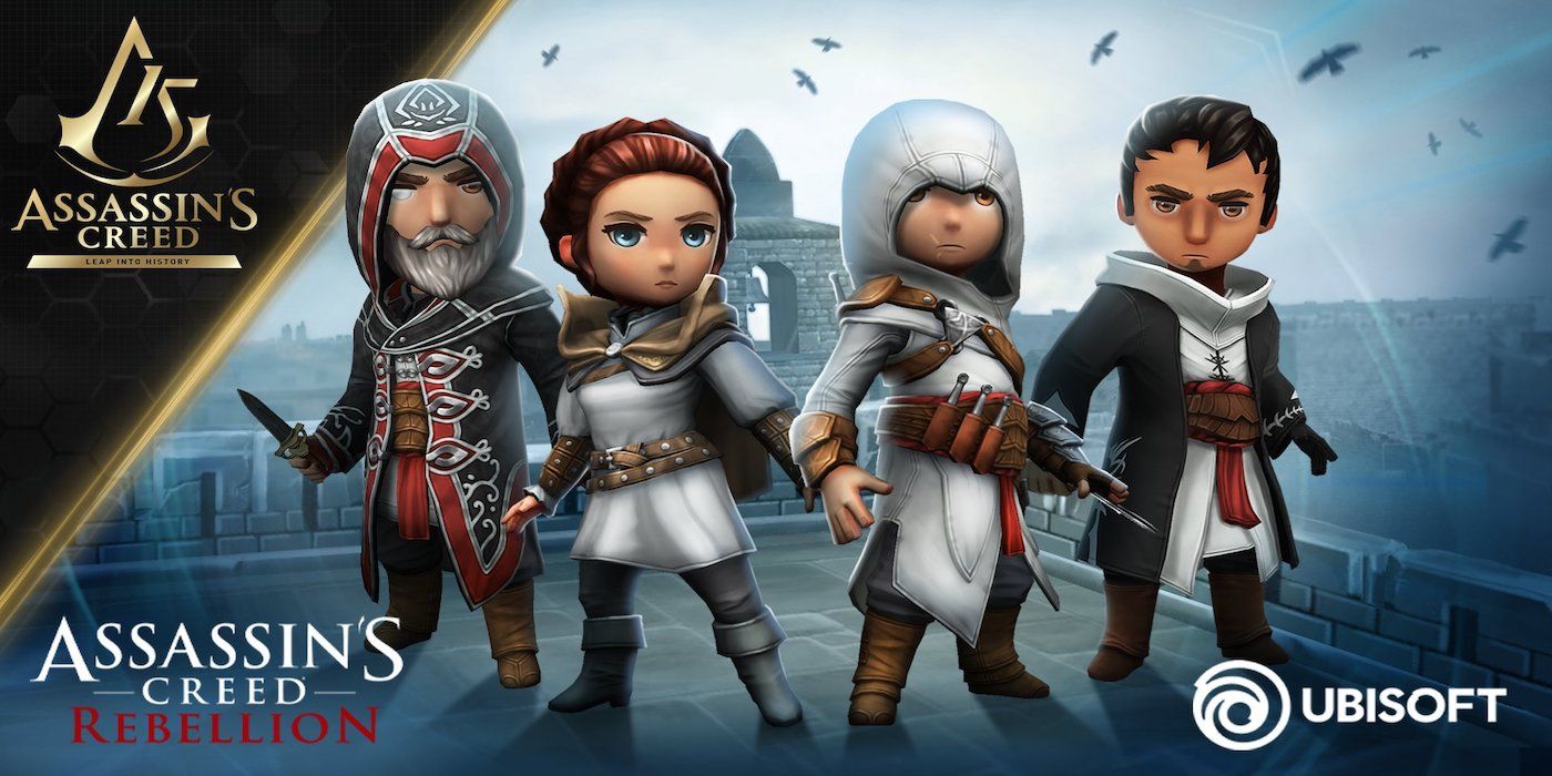 Uma imagem promocional de Al Mualim, Maria Thorpe, Altaïr e Malik no jogo para celular gratuito Assassin's Creed Rebellion