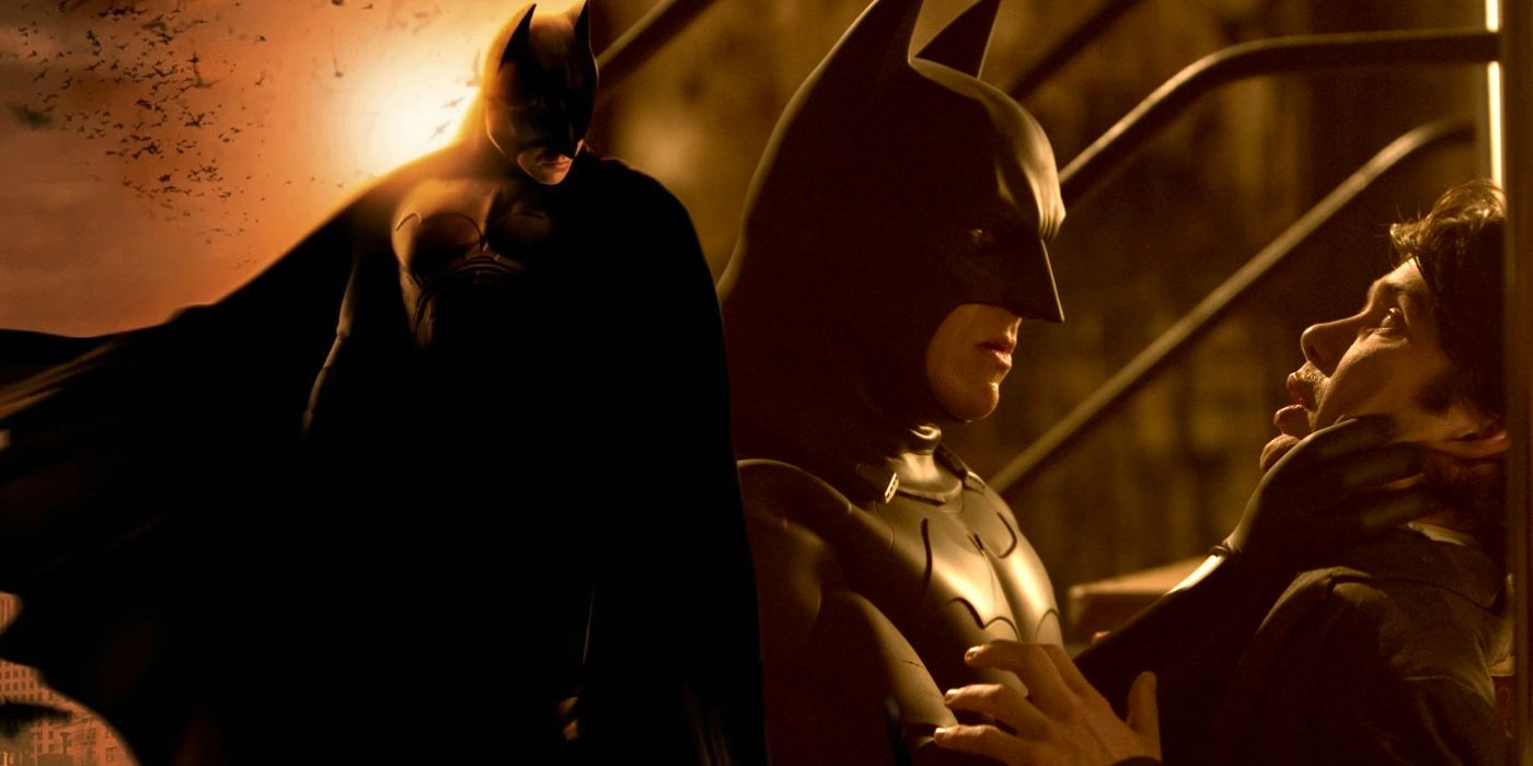 Christian Bale as Batman in Batman Begins and Cillian Murphy as Jonathan Crane