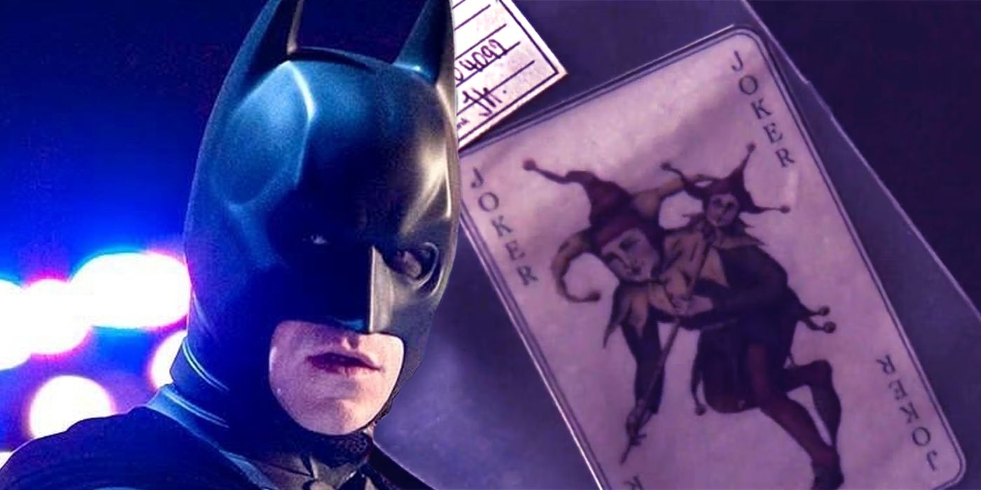 Christian Bale as Batman in The Dark Knight Rises and the Joker card from Batman Begins