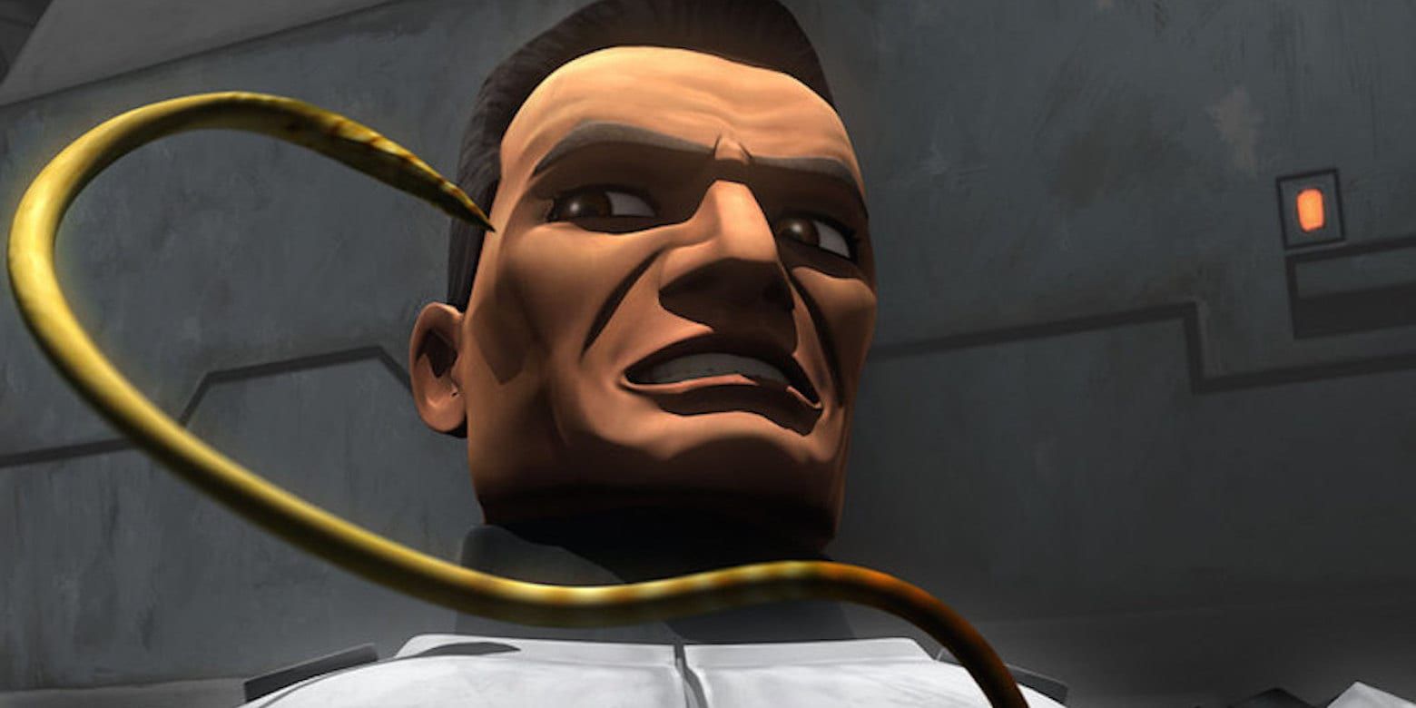 A clone Trooper about to be attacked by a brain worm in The Clone Wars
