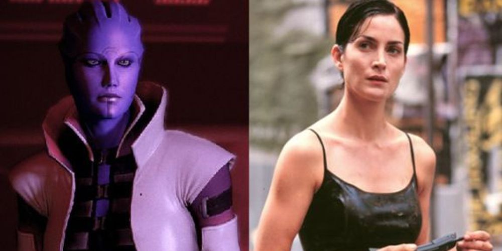 Mass Effect's Aria and Carrie-Anne Moss stand side by side