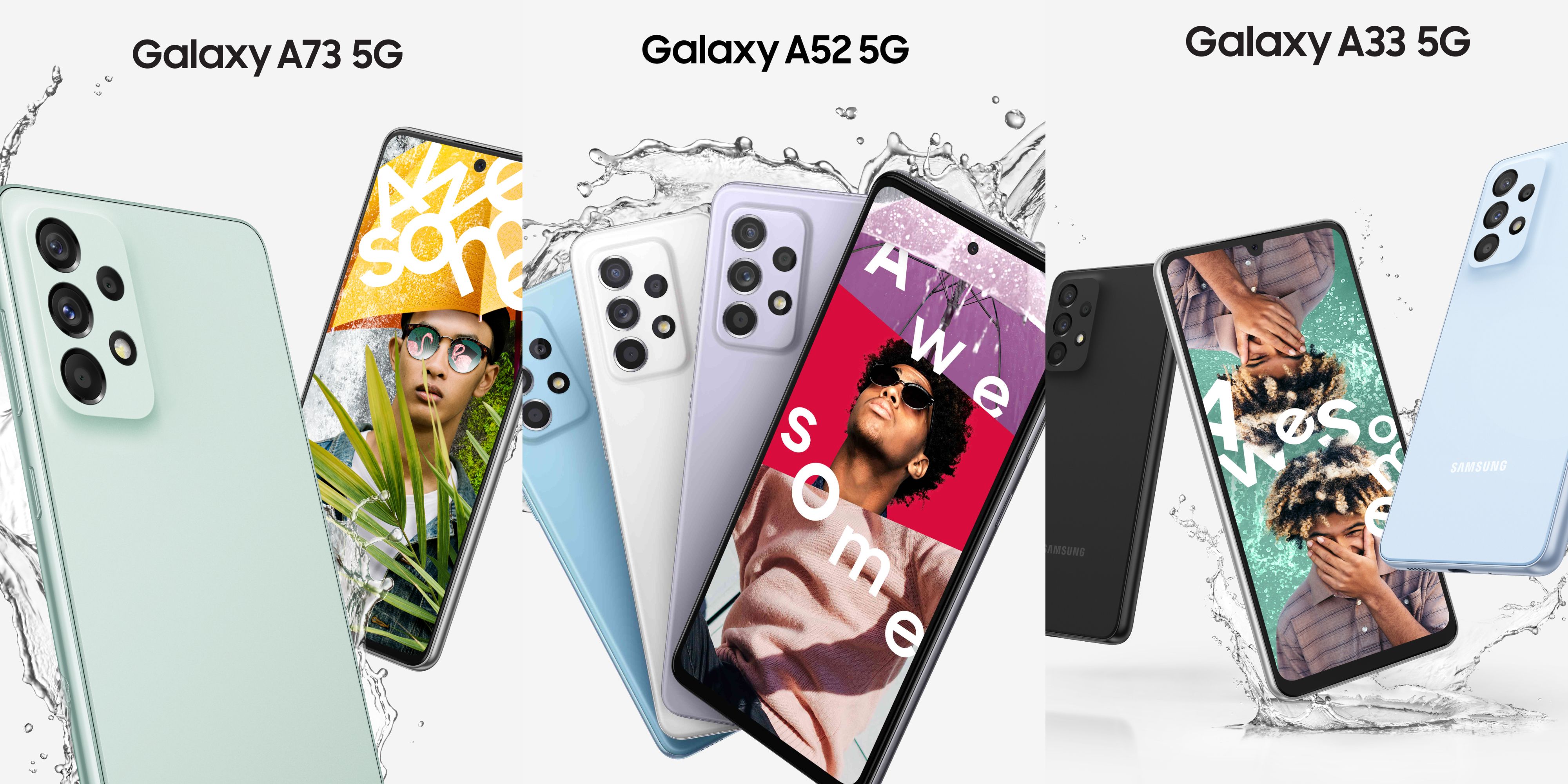 imagens combinadas dos telefones Samsung A Series Galaxy A73 5G, A52 5G e A33 5G em várias cores