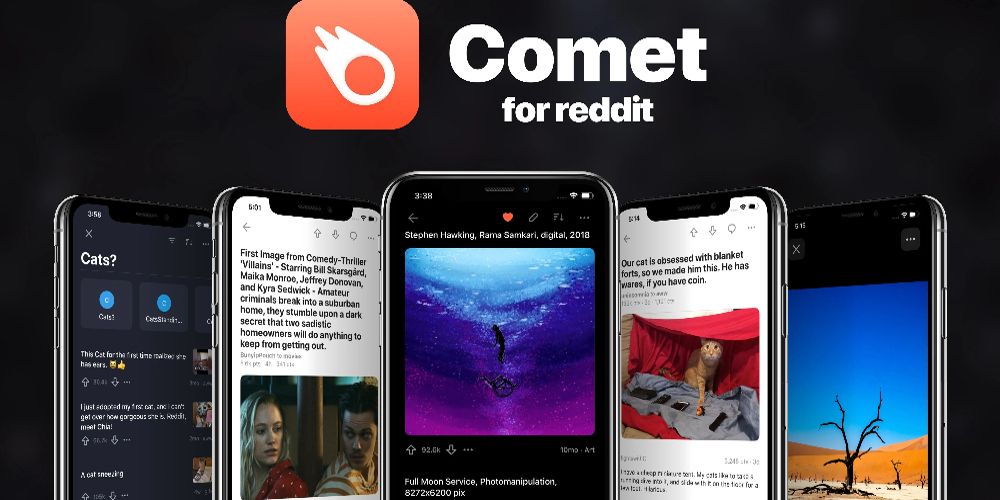 The Comet app is shown on several phone displays