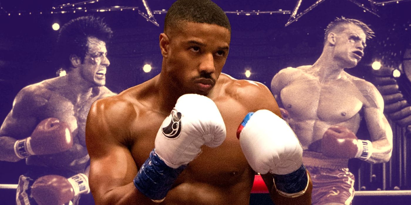 Sylvester Stallone as Rocky Balboa, Michael B. Jordan as Adonis Creed, and Dolph Lundgren as Ivan Drago in the Rocky franchise