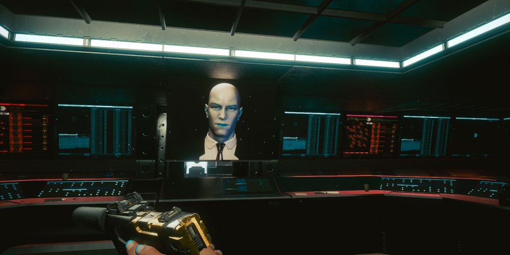 Delamain aparece em uma tela de monitor em Cyberpunk 2077