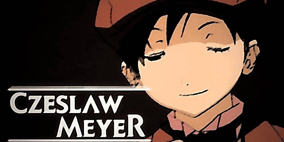 Czeslaw Meyer smiles with his eyes closed in the opening frame of Baccano.  His name is written in the lower left corner.
