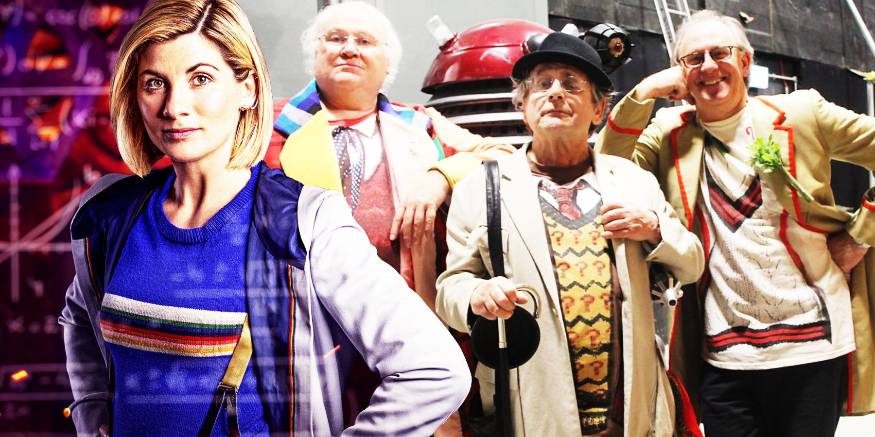 Jodie Whittaker as the Thirteenth Doctor alongside Colin Baker, Sylvester McCoy and Peter Davison who are rumored for the Centenary Special