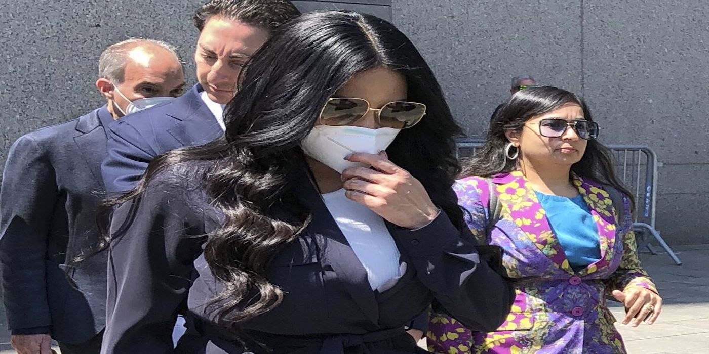 jen shah the real housewives of salt lake city wearing a mask on street with lawyers