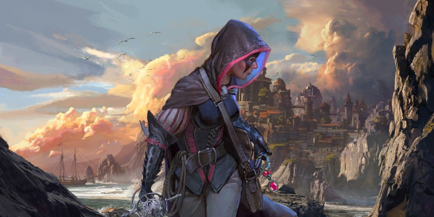A cloaked and hooded DnD character attempting to appear inconspicuous in front of a background showing a large city built atop seaside cliffs.