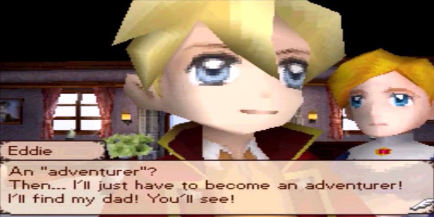 Uma captura de tela de Eddie decidindo se tornar um aventureiro e encontrar seu pai no início do jogo de DS Nostalgia