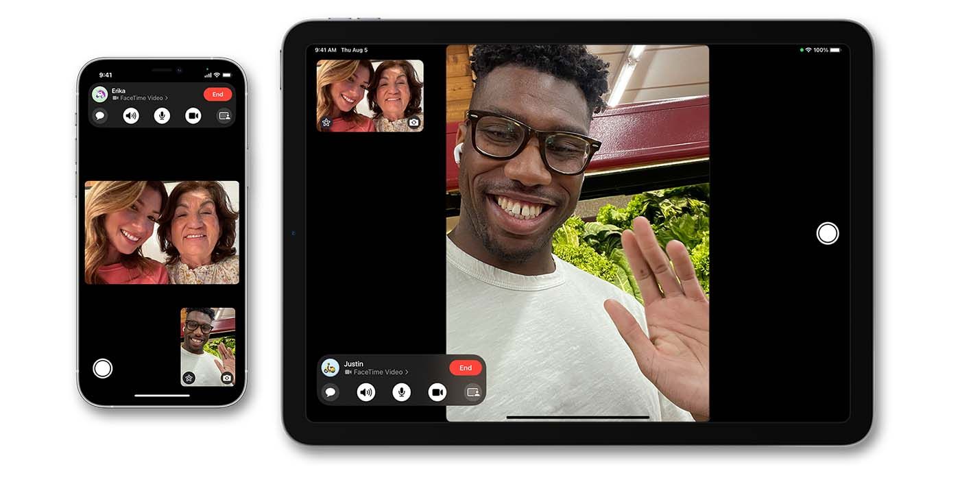 An iPhone and iPad showing three people chatting over the FaceTime app