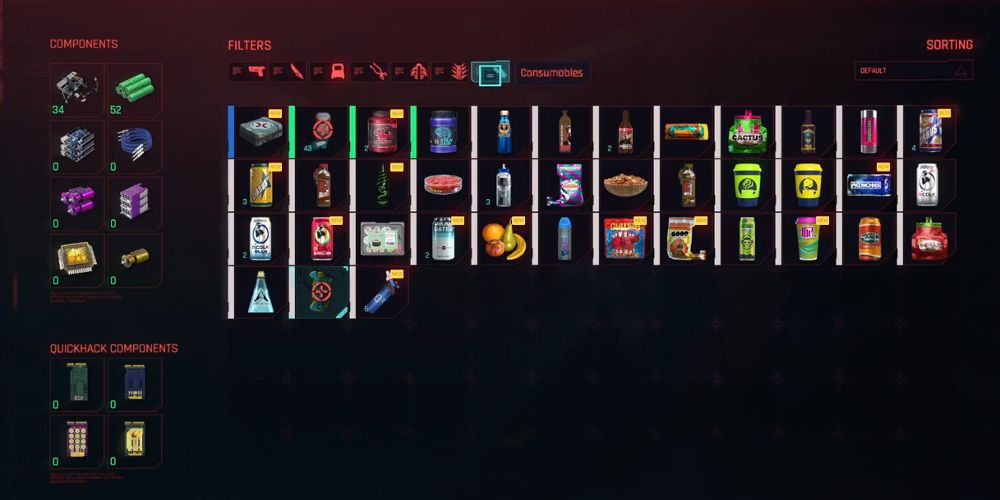 O menu de comida e bebida de Cyberpunk 2077 é exibido