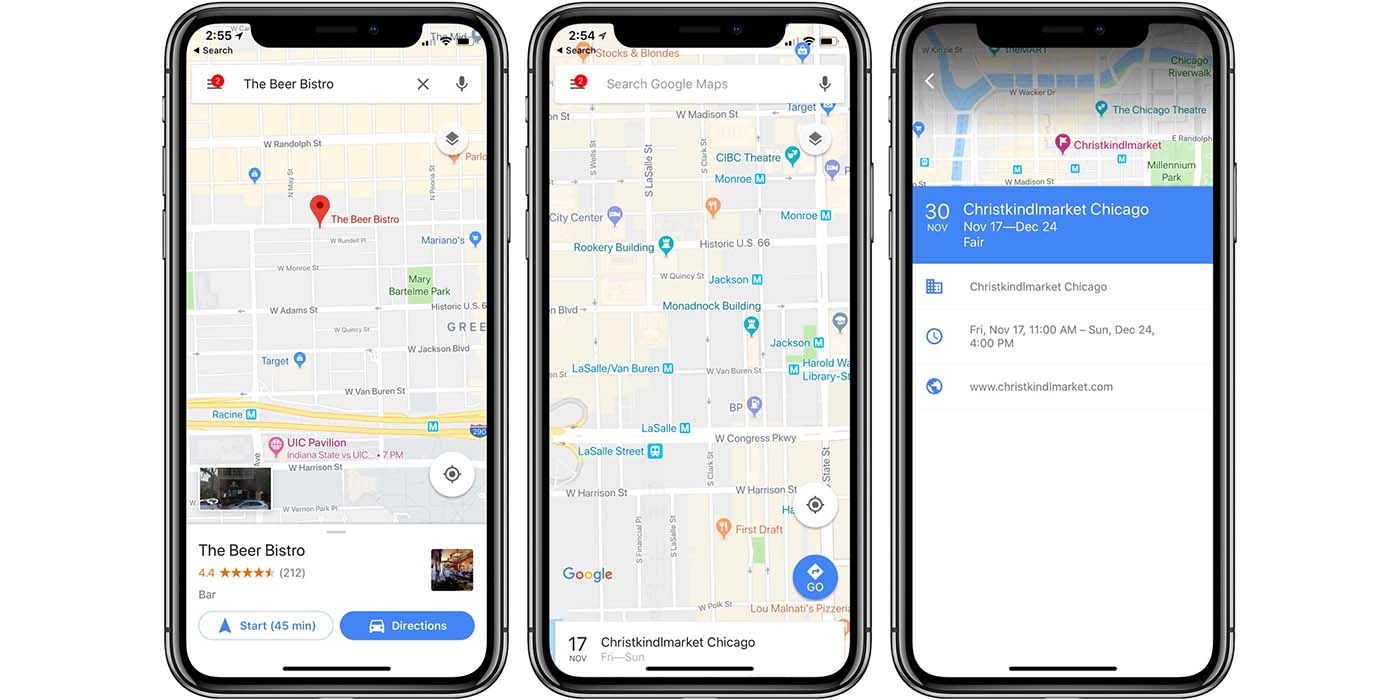 Three iPhones showing different screens from the Googe Maps app