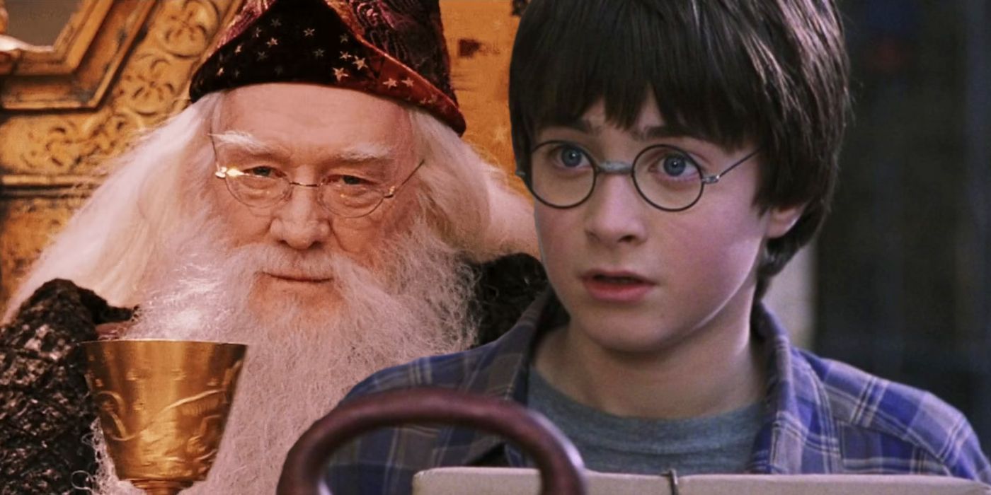 Richard Harris as Albus Dumbledore and Daniel Radcliffe as Harry Potter in Harry Potter and the Sorcerers Stone