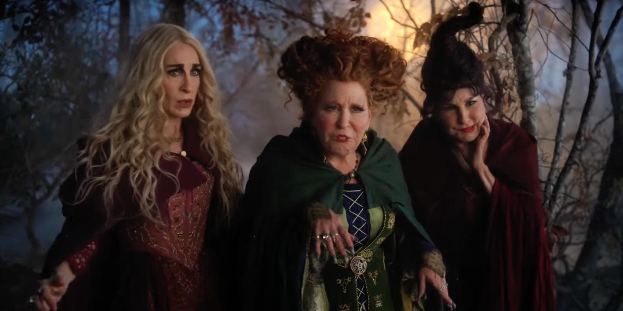 The Sanderson sisters in the woods in Hocus Pocus 2
