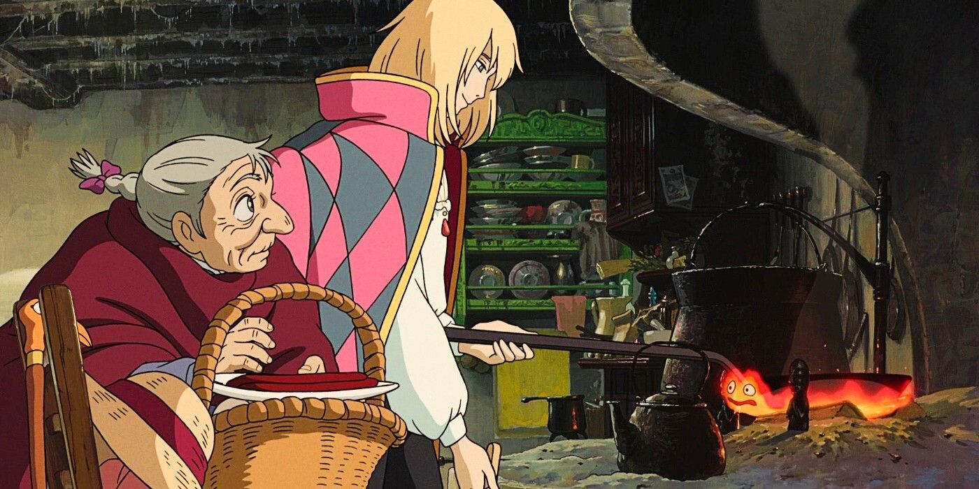 Howl and Sophie cook over Calcifer in Howl's Moving Castle