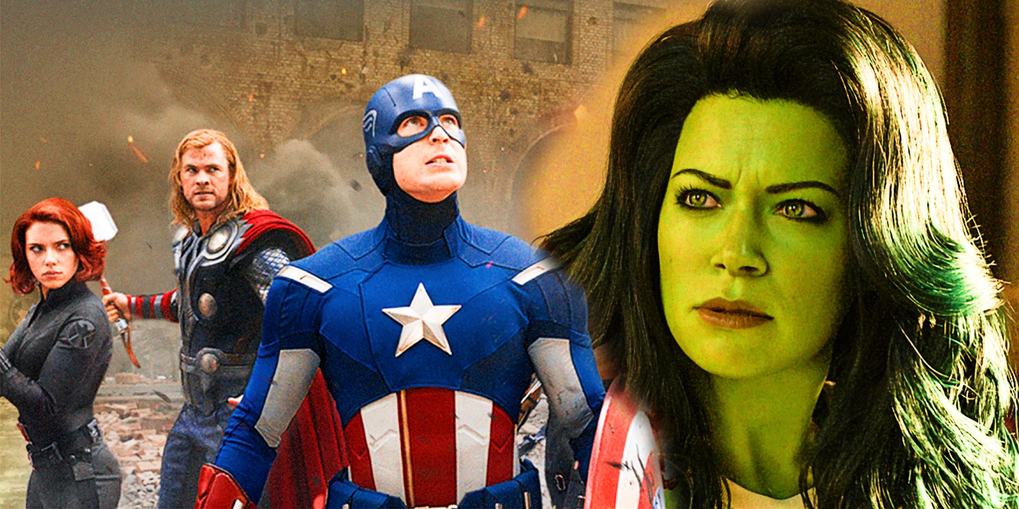 She-Hulk's Jennifer Walters alongside The Avengers: Captain America, Thor, Black Widow. MCU.