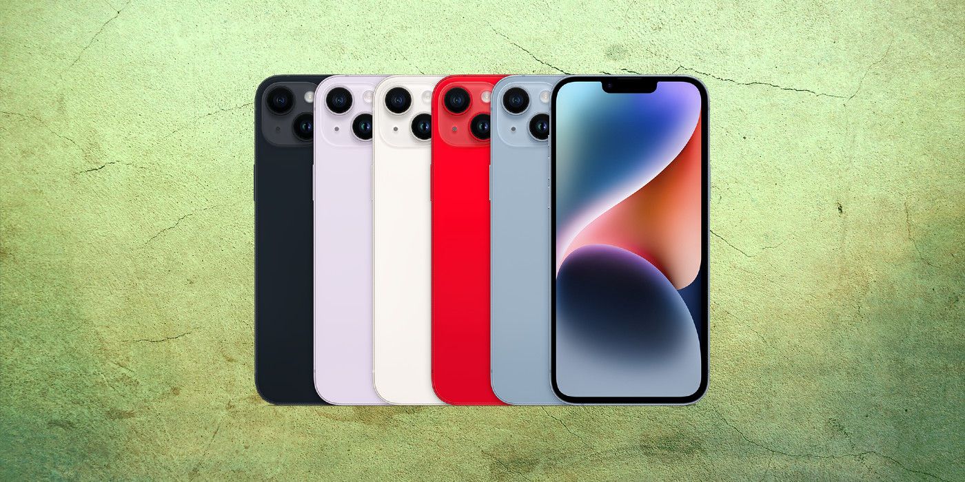 Todos os acabamentos do iPhone 14 Plus na frente de um fundo verde 