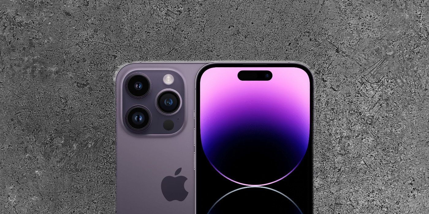 iPhone 14 Pro com logotipo da Apple em plano de fundo texturizado cinza personalizado