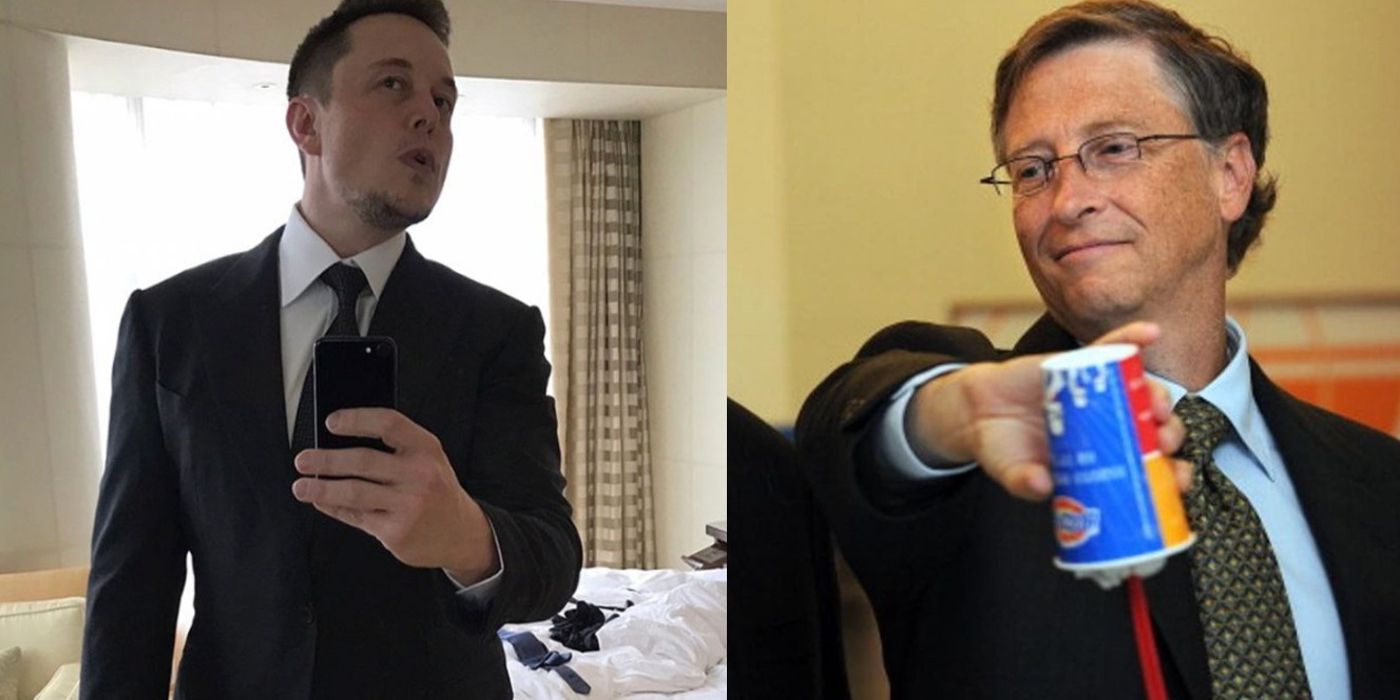Elon Musk takes an Instagram selfie and Bill Gates holds a fast-food beverage upside down on Insatgram