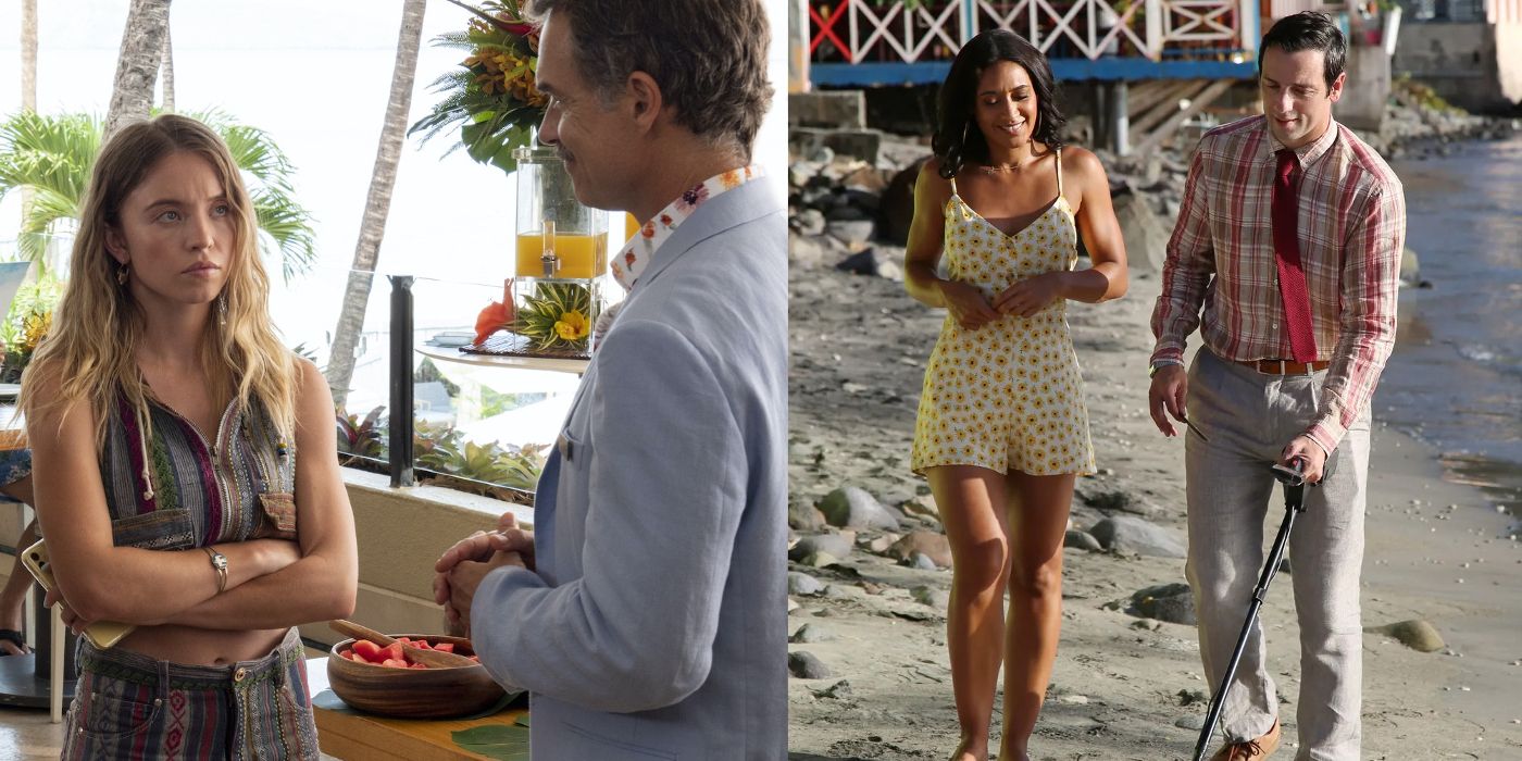 Olivia and Armand face each other in The White Lotus and DI Neville uses a metal detector in Death in Paradise