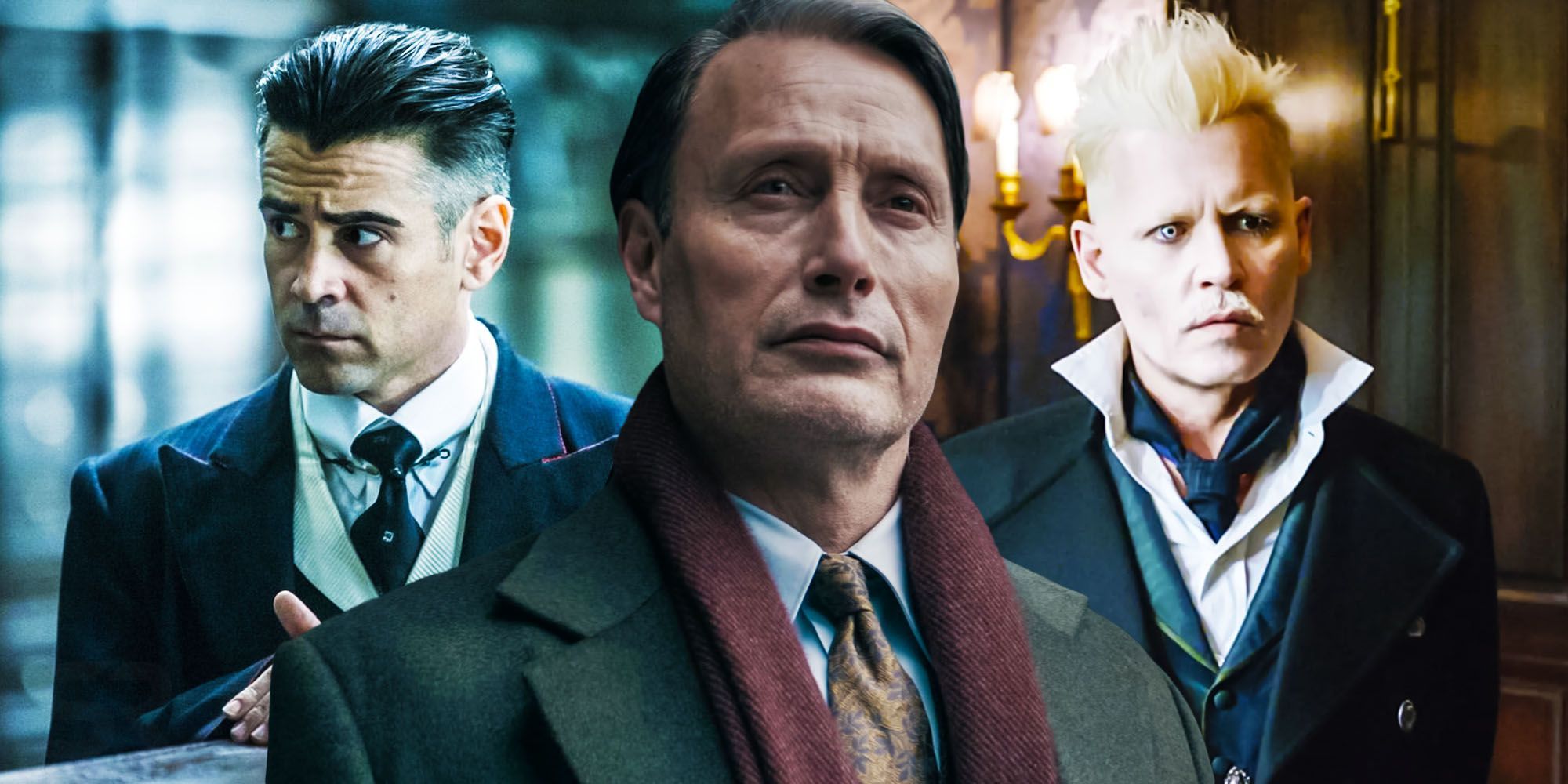 A collage of Colin Farrell, Mads Mikkelsen and Johnny Depp as Grindelwald