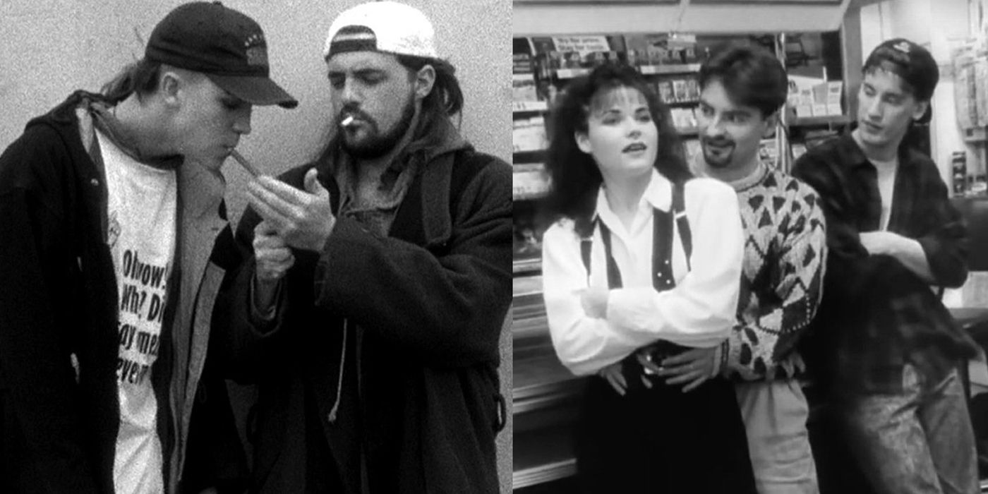 Silent Bob lights Jay's cigar and Randal looks on as Dante holds Caitlyn in Clerks