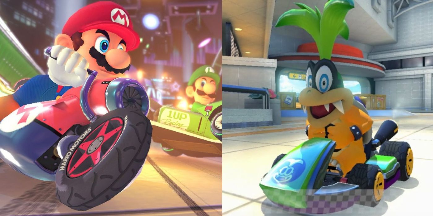 Mario speeds past Luigi and Iggy drives through the airport terminal in Mario Kart 8 Deluxe