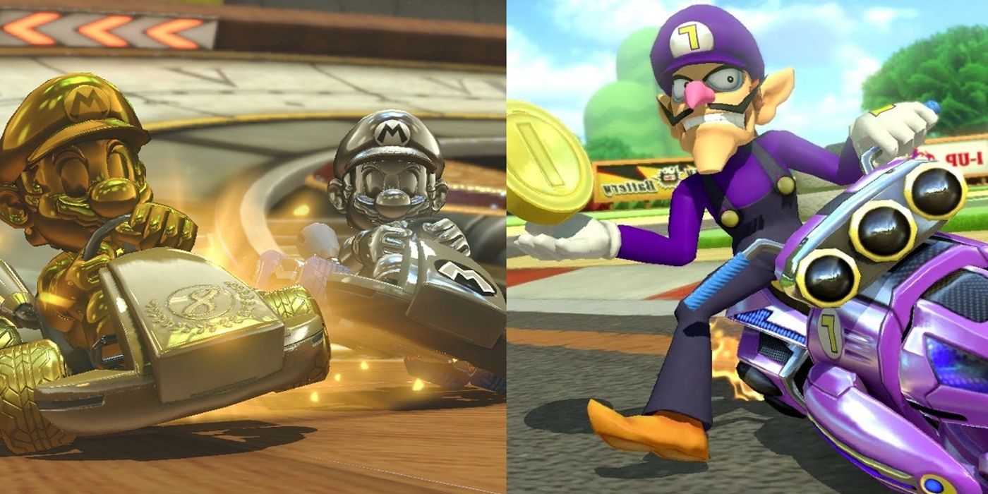 Metal Mario and Waluigi race side by side in Mario Kart 8 Deluxe
