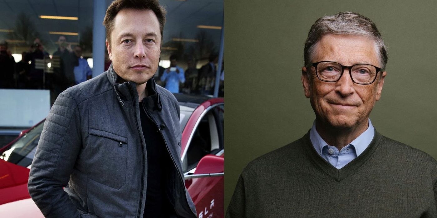 Elon Musk poses by a Tesla and Bill Gates wears a green sweater