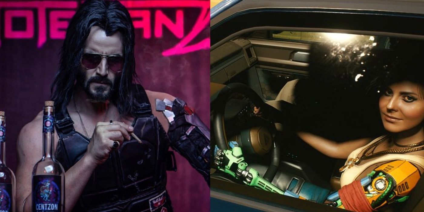 Johnny holds a smoke in a bar and V holds a steering wheel in Cyberpunk 2077