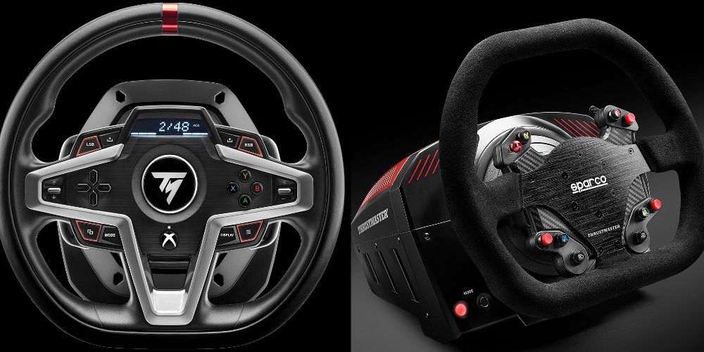 The Thrustmaster Ferrari 488 and Sparco racing wheels are displayed side by side
