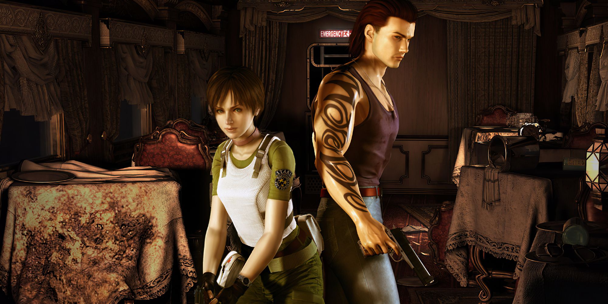 Rebecca Chambers stands back to back with another character in Resident Evil Zero