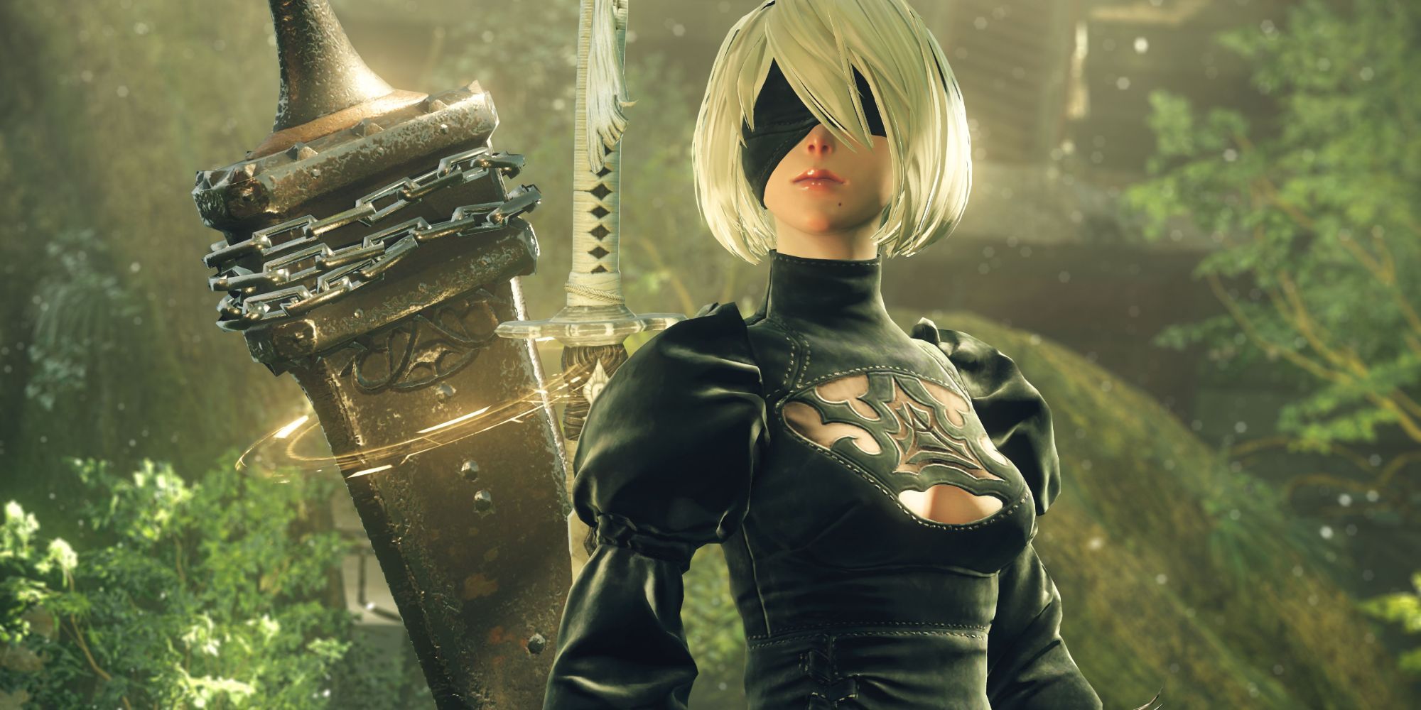 image from the game NieR Automata featuring the protagonist 2B with a weapon and iconic eyepatch