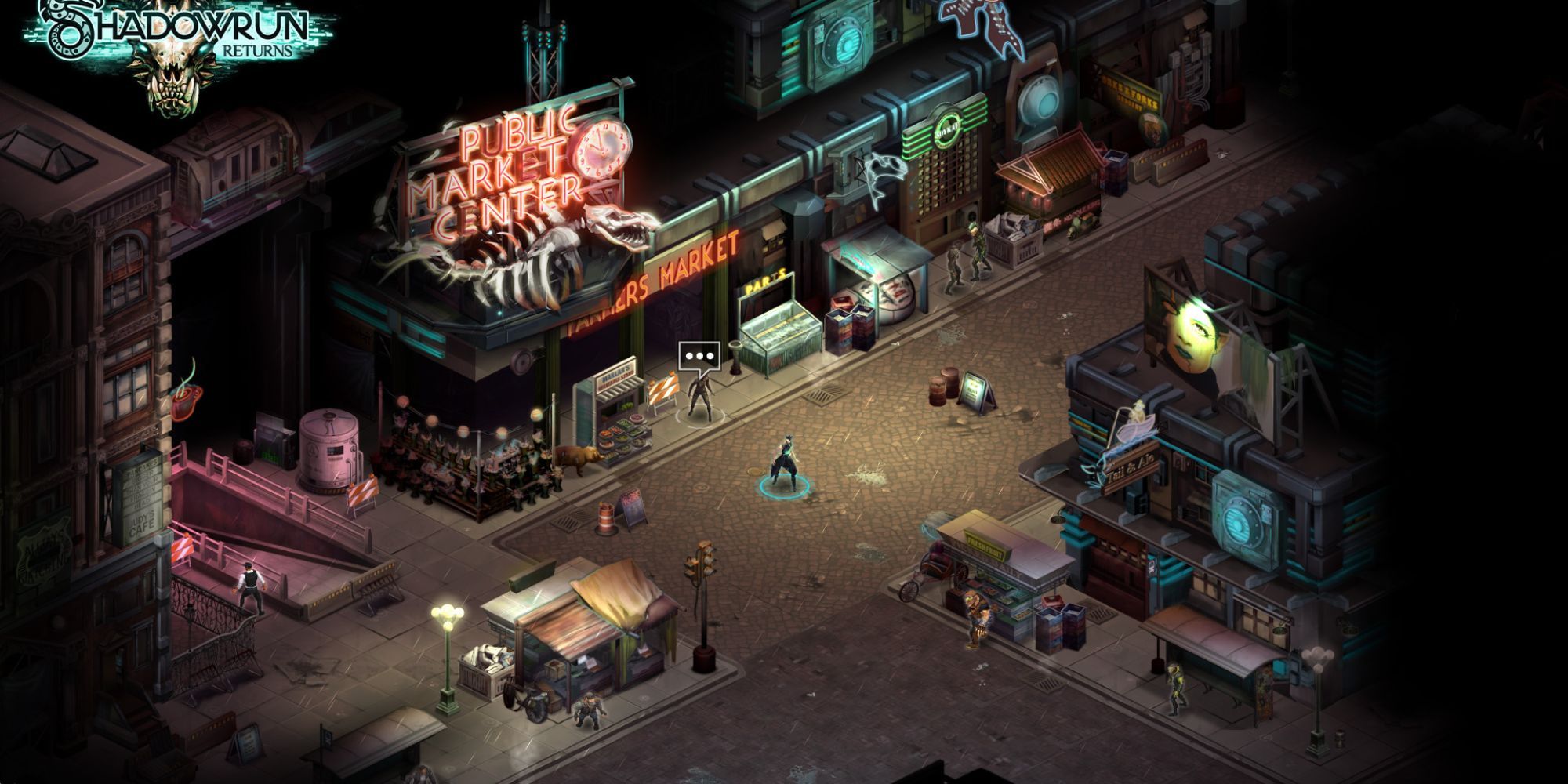 Image from the game Shadowrun Returns showing a market like area with stores and streets.
