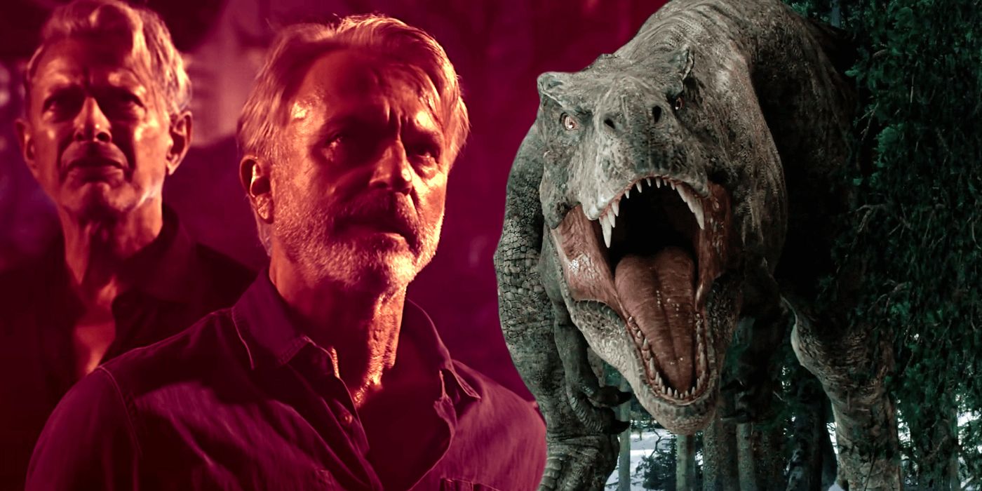 Jeff Goldblum and Sam Neill in Jurassic World Dominion and a T. Rex roaring in a forest 