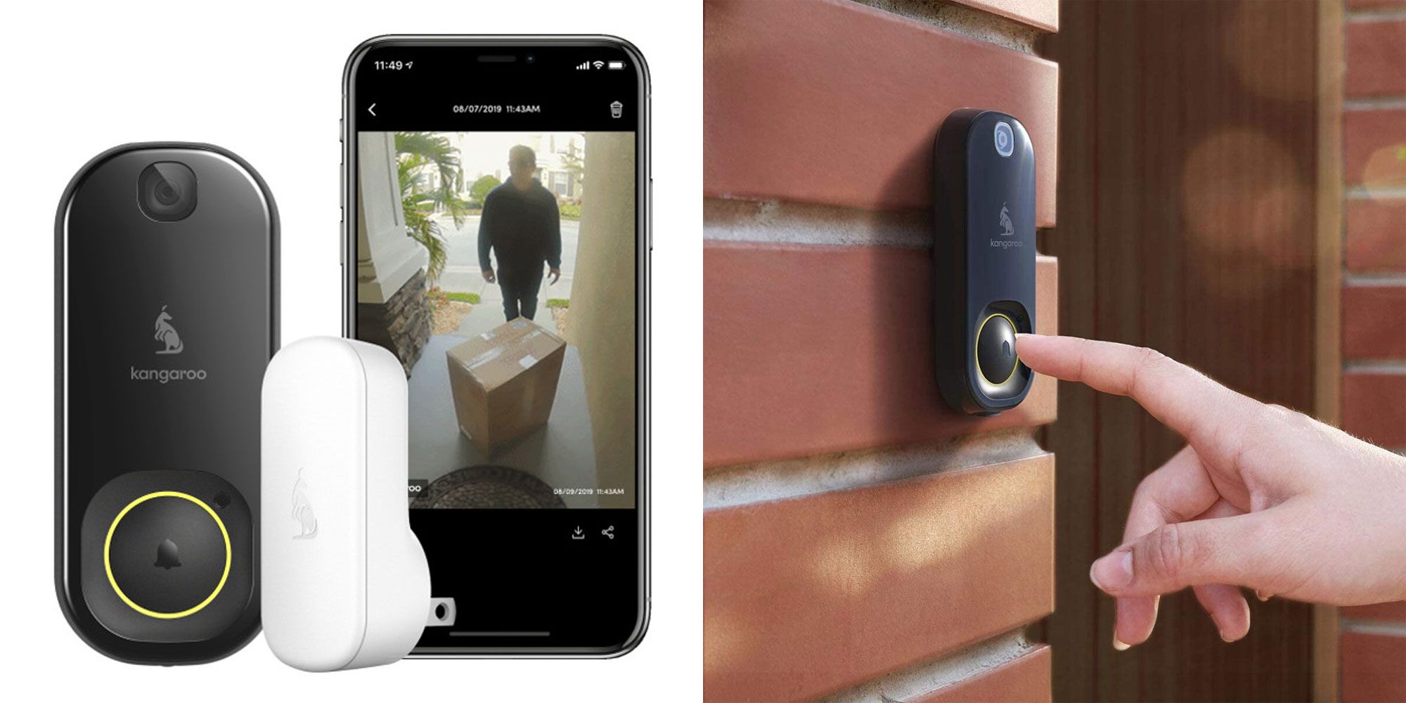 Product images of the Kangaroo Doorbell Camera + Chime.