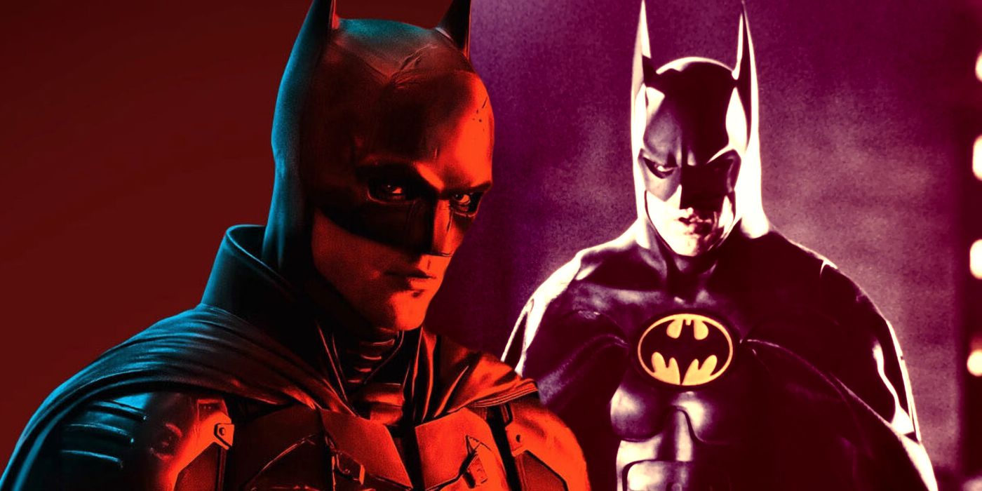 Robert Pattinson as Batman in The Batman and Michael Keaton as Batman in Batman