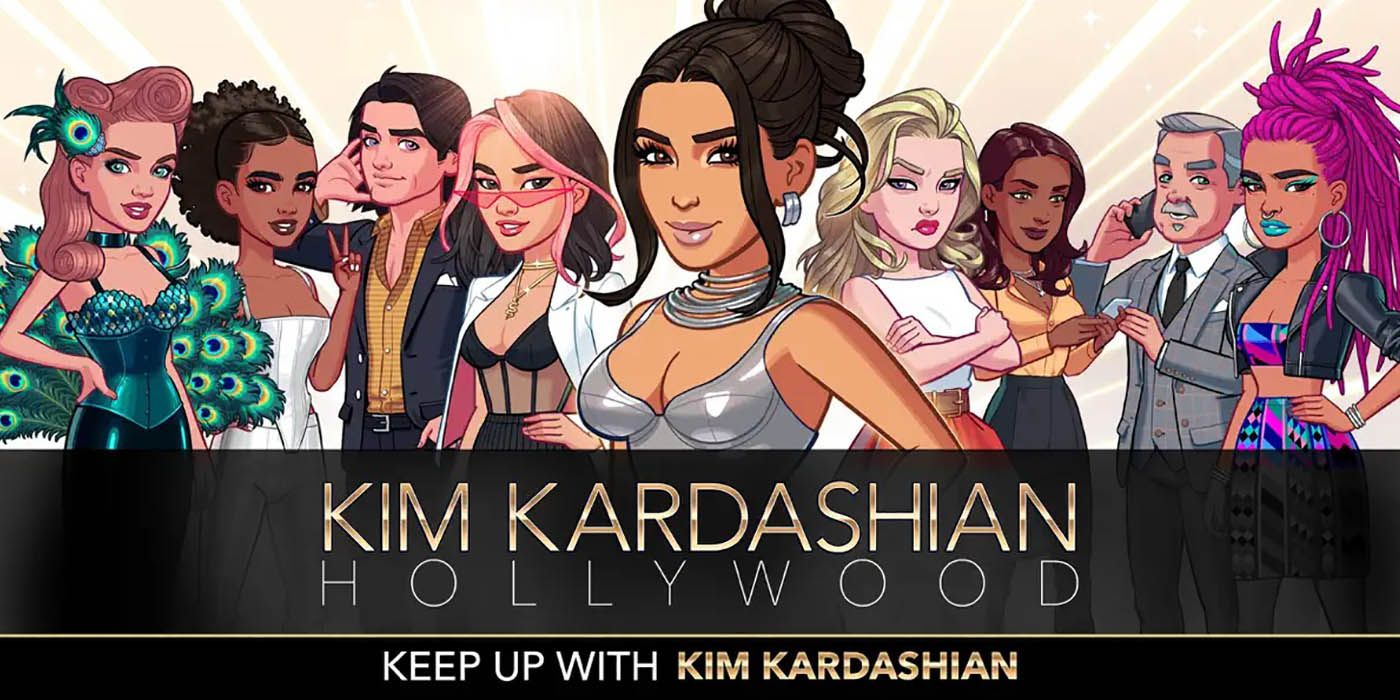 A promo image of Kim Kardashian's Hollywood app showing her avatar with others in the background.